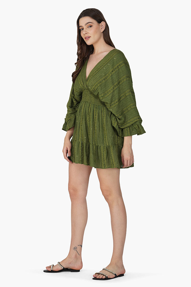 Olive Green Yarn Dyed Short Dress