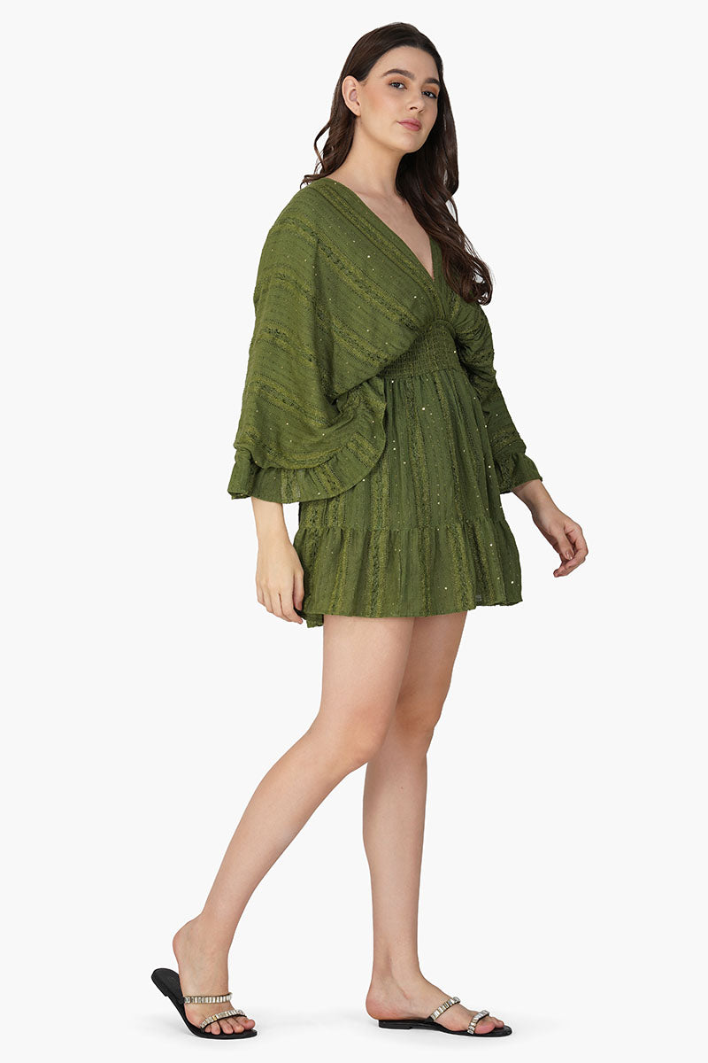 Olive Green Yarn Dyed Short Dress
