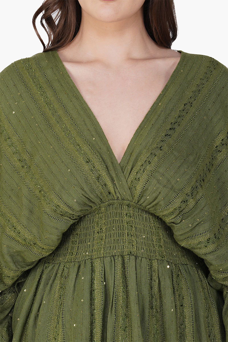 Olive Green Yarn Dyed Short Dress