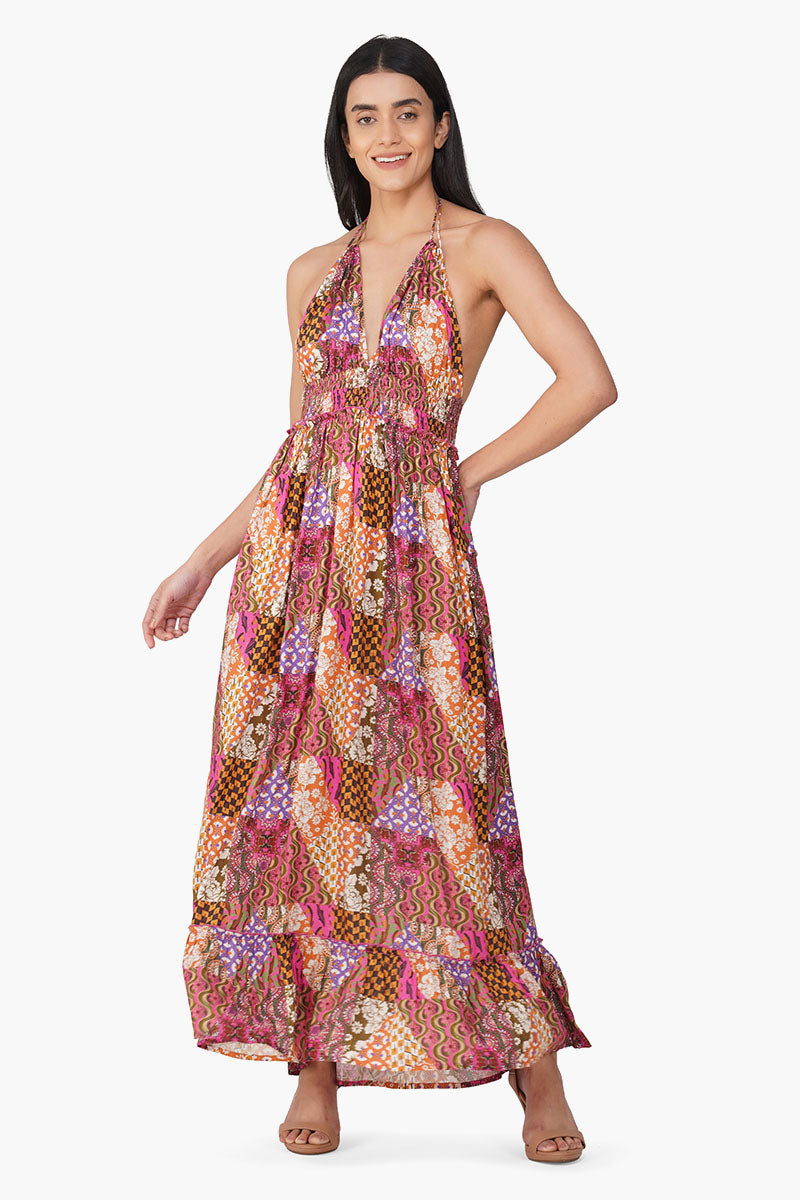 Boho Bliss Patchwork Halter Maxi Dress