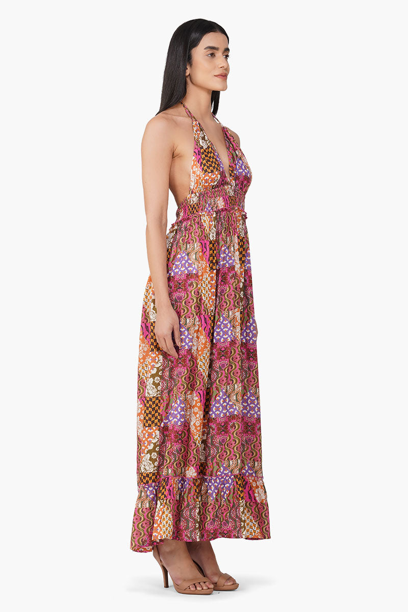 Boho Bliss Patchwork Halter Maxi Dress