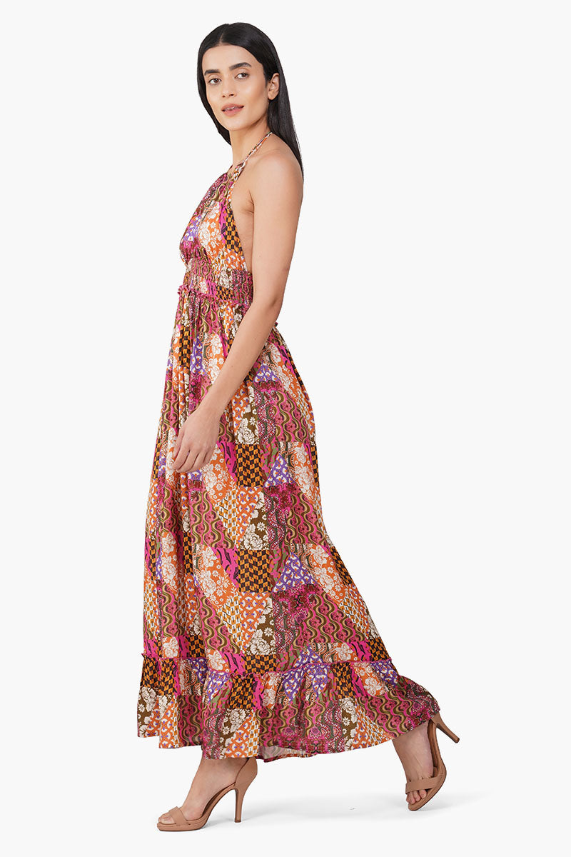 Boho Bliss Patchwork Halter Maxi Dress