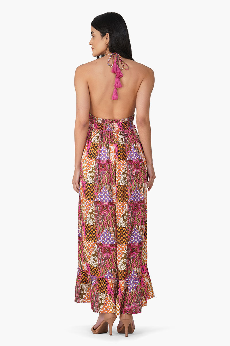 Boho Bliss Patchwork Halter Maxi Dress