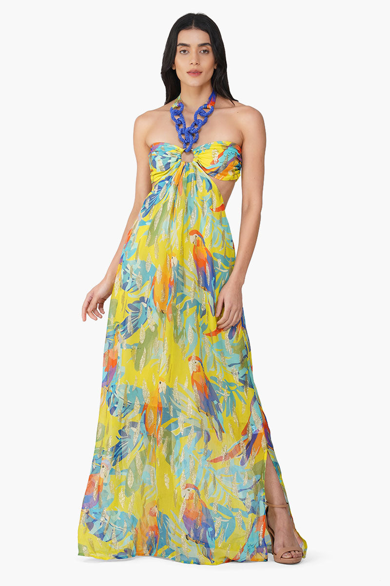Farm Peru Tropic Lurex Printed Halter Dress