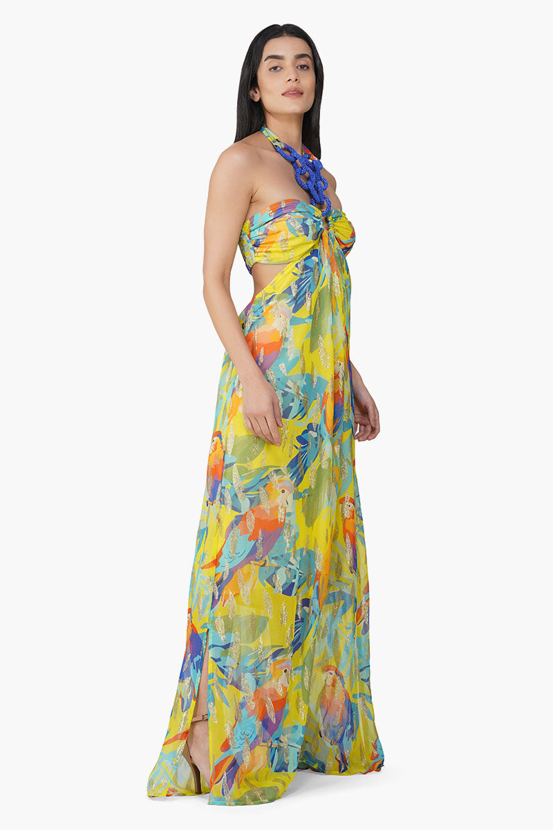 Farm Peru Tropic Lurex Printed Halter Dress