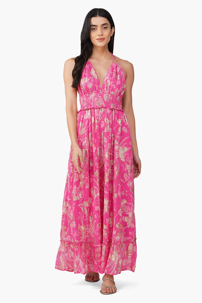 Carnation Pink Leaf Printed Halter Dress
