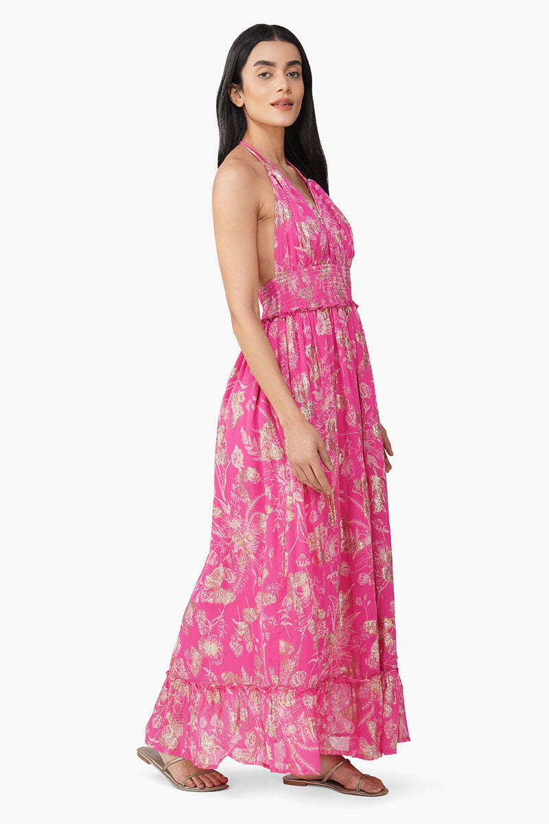 Carnation Pink Leaf Printed Halter Dress