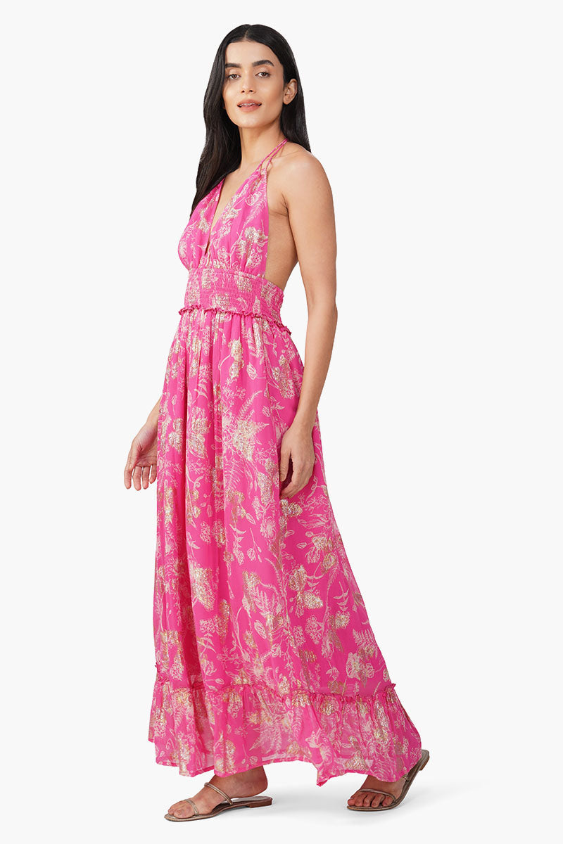 Carnation Pink Leaf Printed Halter Dress