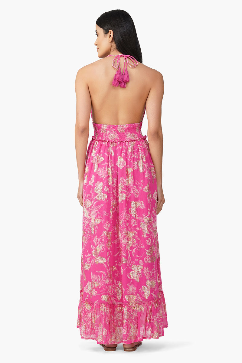 Carnation Pink Leaf Printed Halter Dress