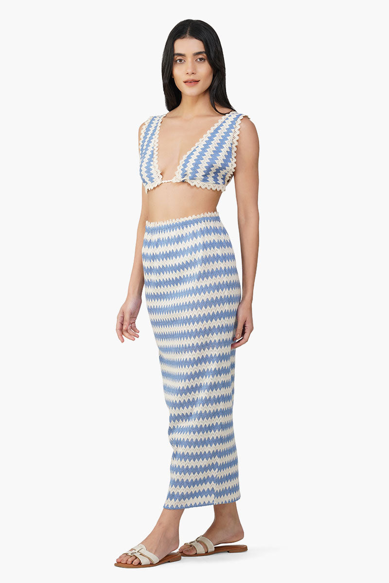 Blue Chevron Crochet Lace Fabric Top