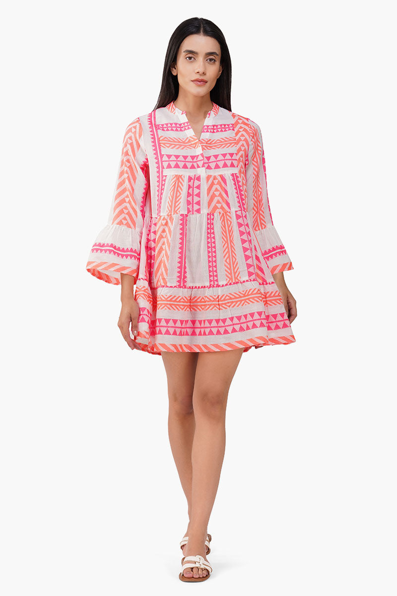 Rosy Salmon Jacquard Short Dress