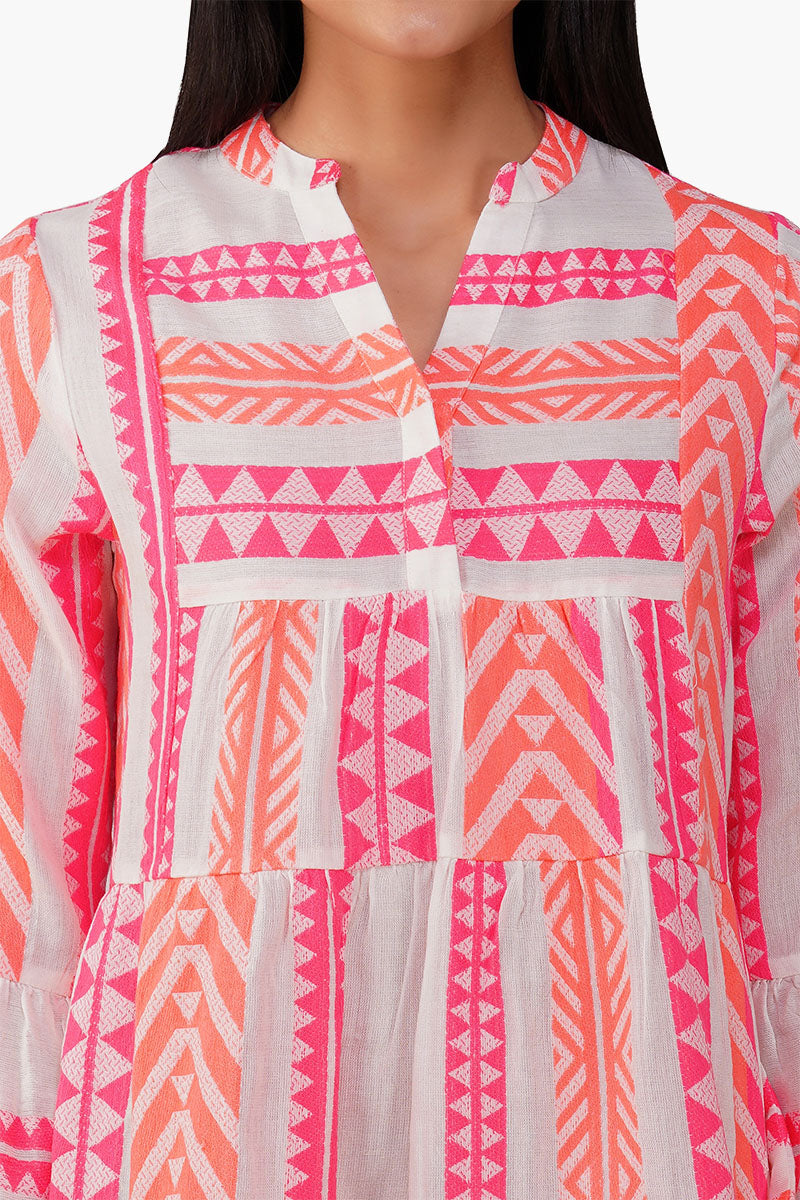 Rosy Salmon Jacquard Short Dress