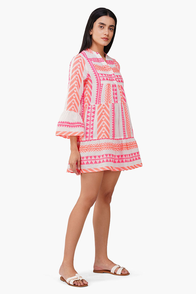 Rosy Salmon Jacquard Short Dress