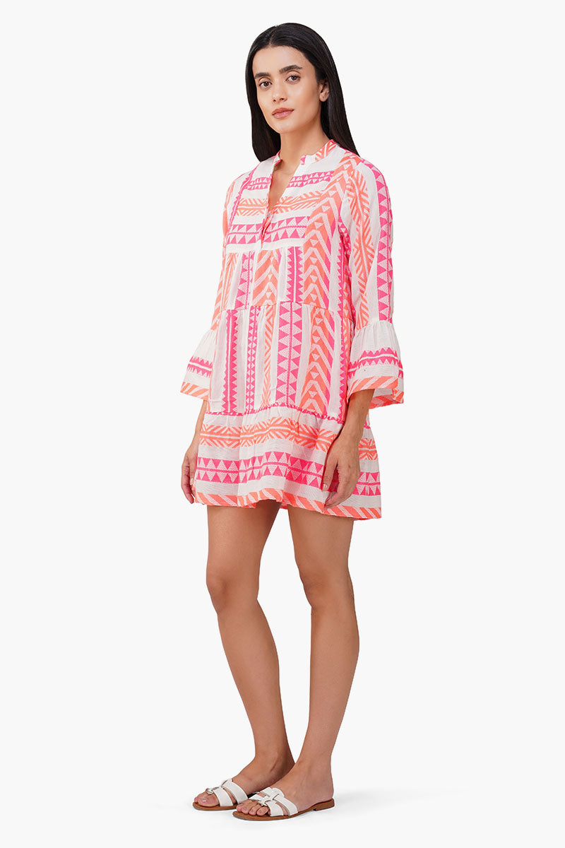 Rosy Salmon Jacquard Short Dress
