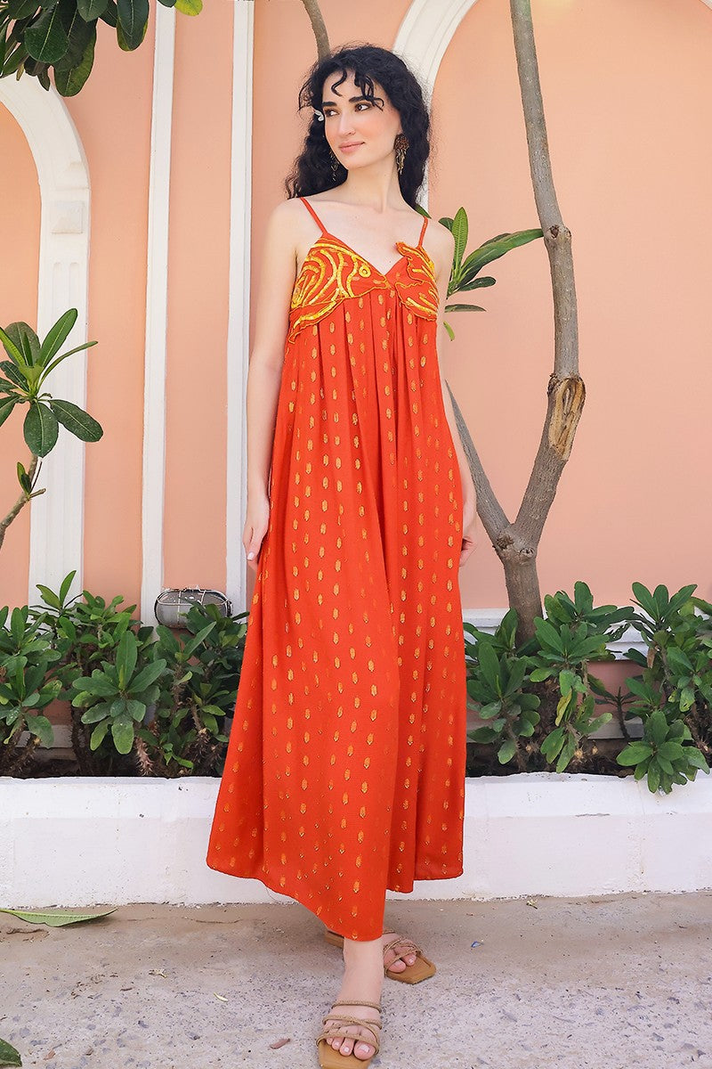 Embellished Tangerine Ariel Flared Maxi Dress