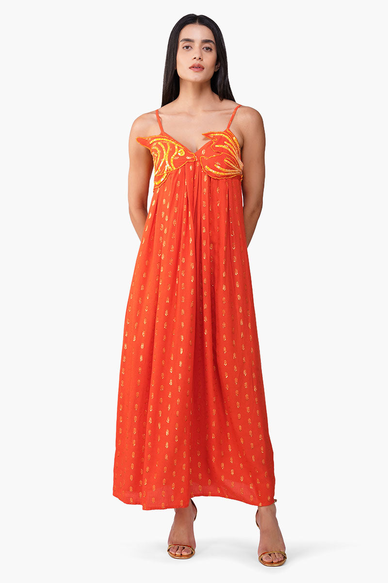 Embellished Tangerine Ariel Flared Maxi Dress