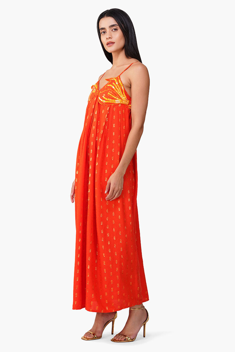Embellished Tangerine Ariel Flared Maxi Dress