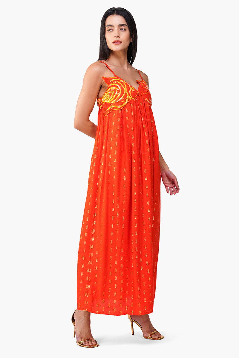 Embellished Tangerine Ariel Flared Maxi Dress