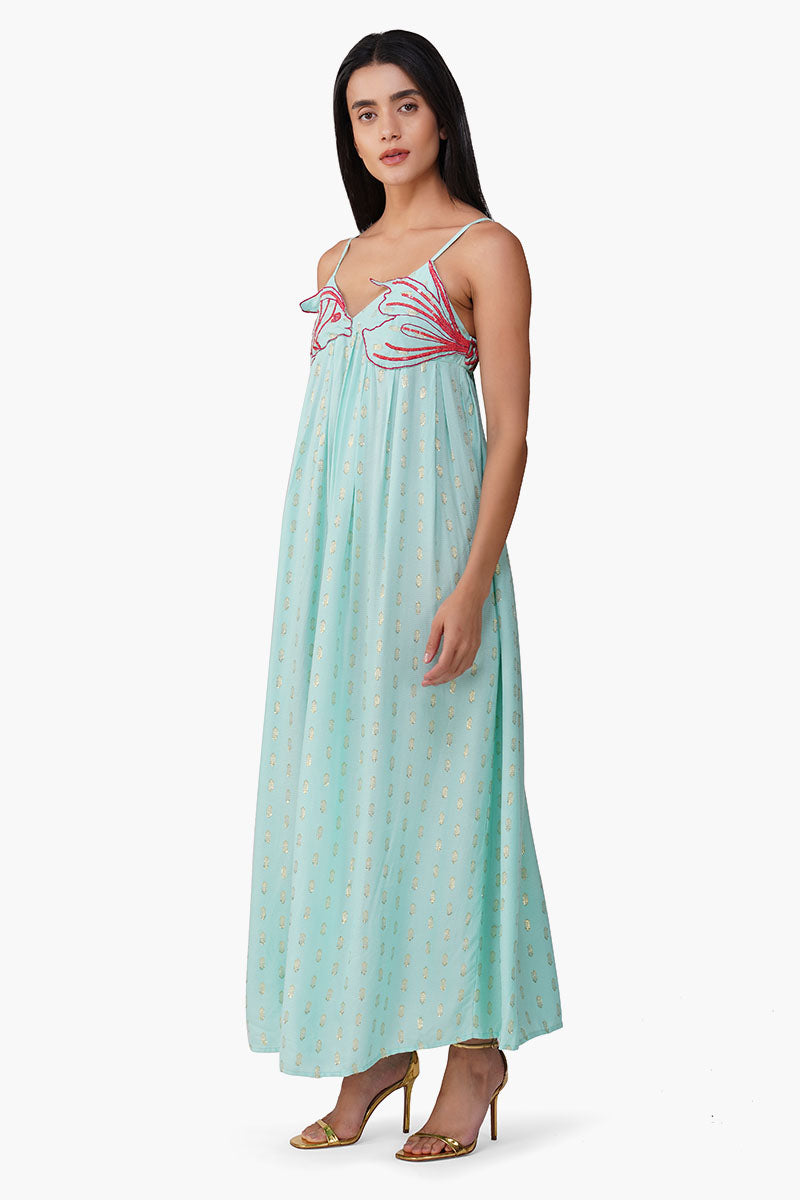 Embellished Aqua Ariel Flared Maxi Dress