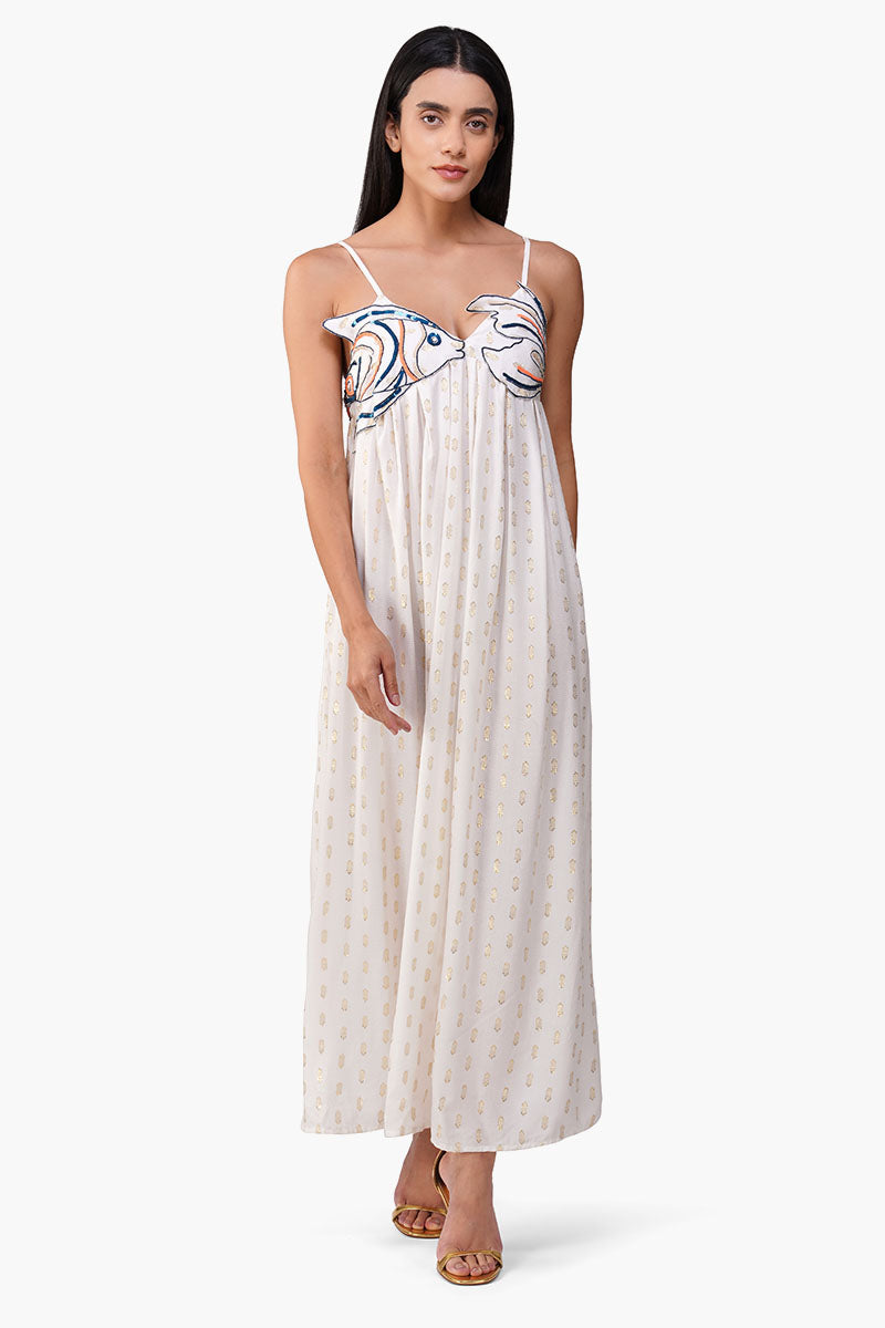 Embellished White Ariel Flared Maxi Dress