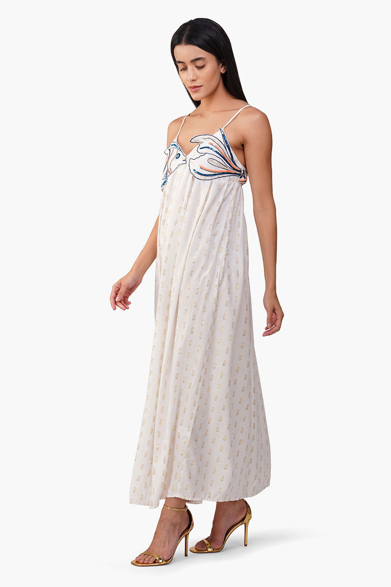 Embellished White Ariel Flared Maxi Dress