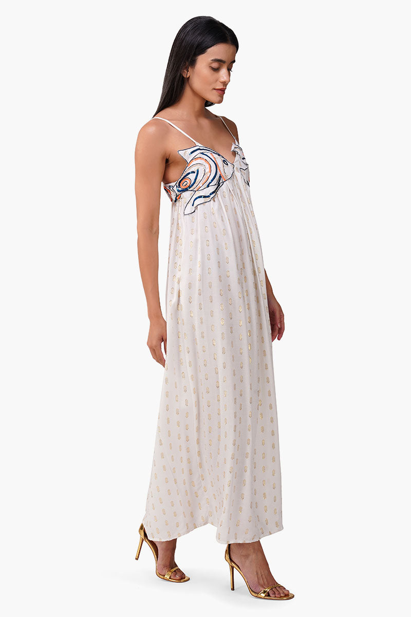 Embellished White Ariel Flared Maxi Dress
