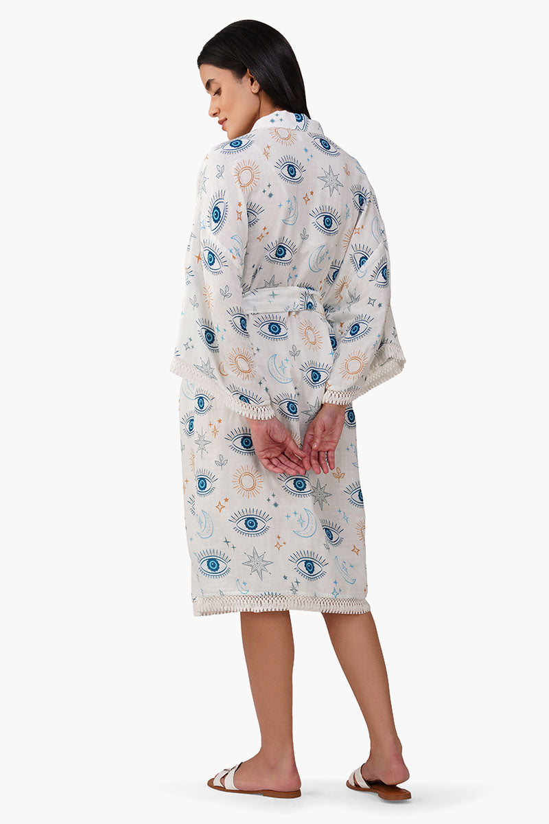 Evil Eye White Self Fringe Cover Up