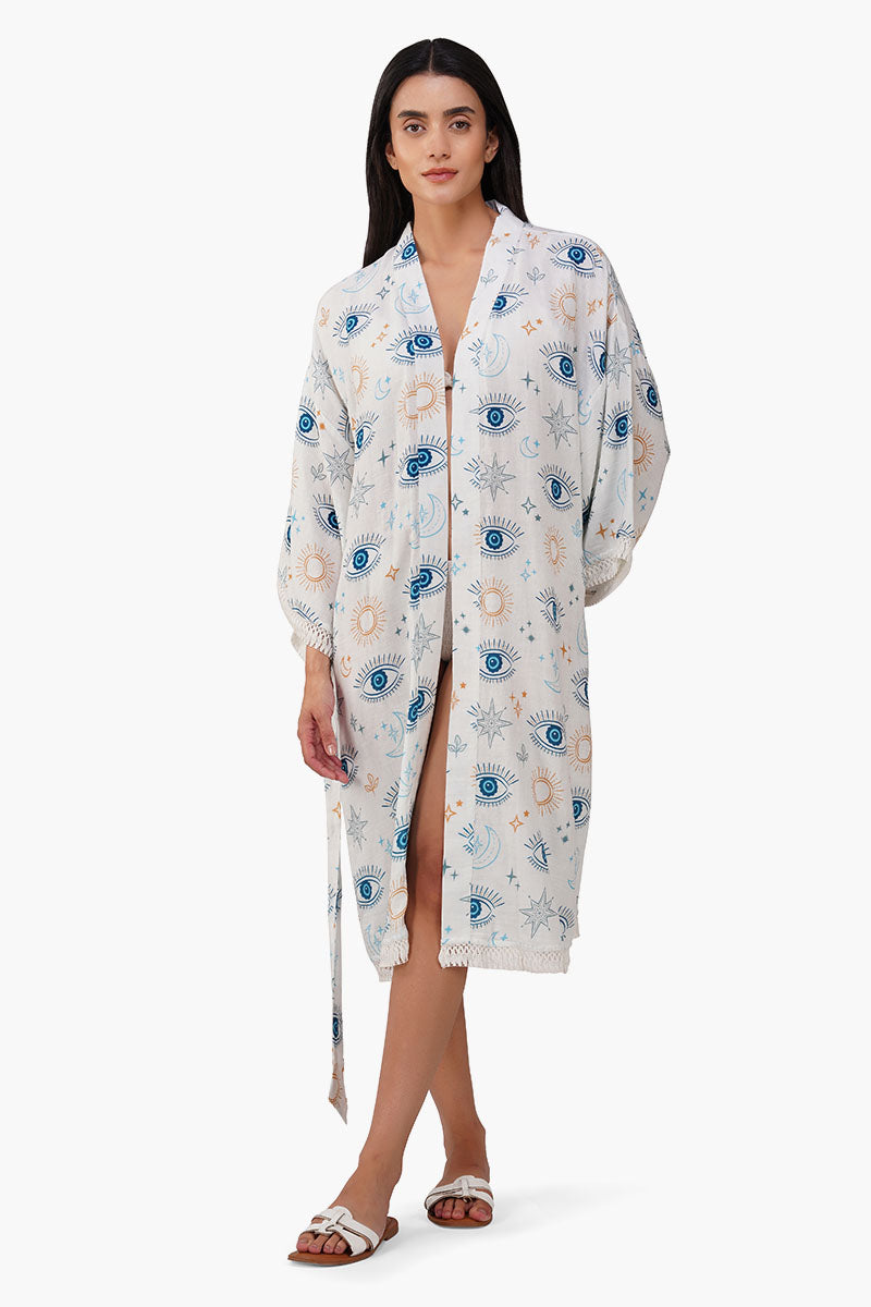 Evil Eye White Self Fringe Cover Up