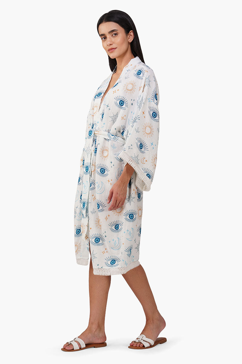 Evil Eye White Self Fringe Cover Up