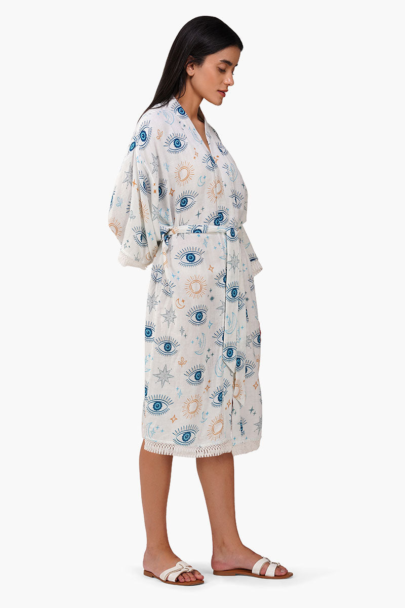 Evil Eye White Self Fringe Cover Up