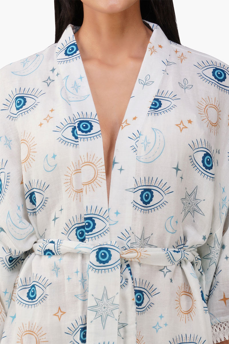 Evil Eye White Self Fringe Cover Up