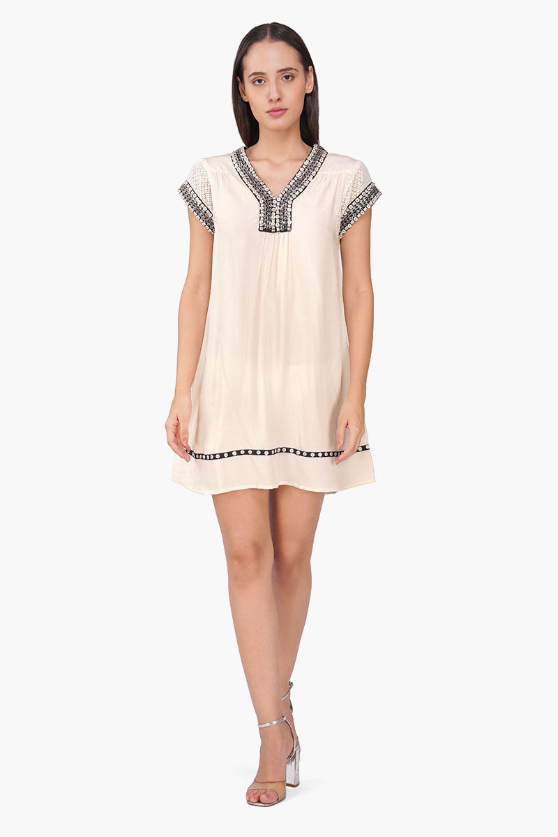 embellished short sleeve dress Ivory Coast (RTS) Short Sleeve Jewel Trim Embellished Mini Dress