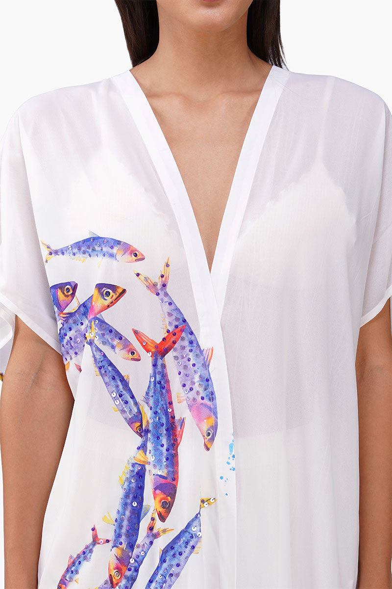 Aqua Ballet Fish Printed Embellished Cover Up