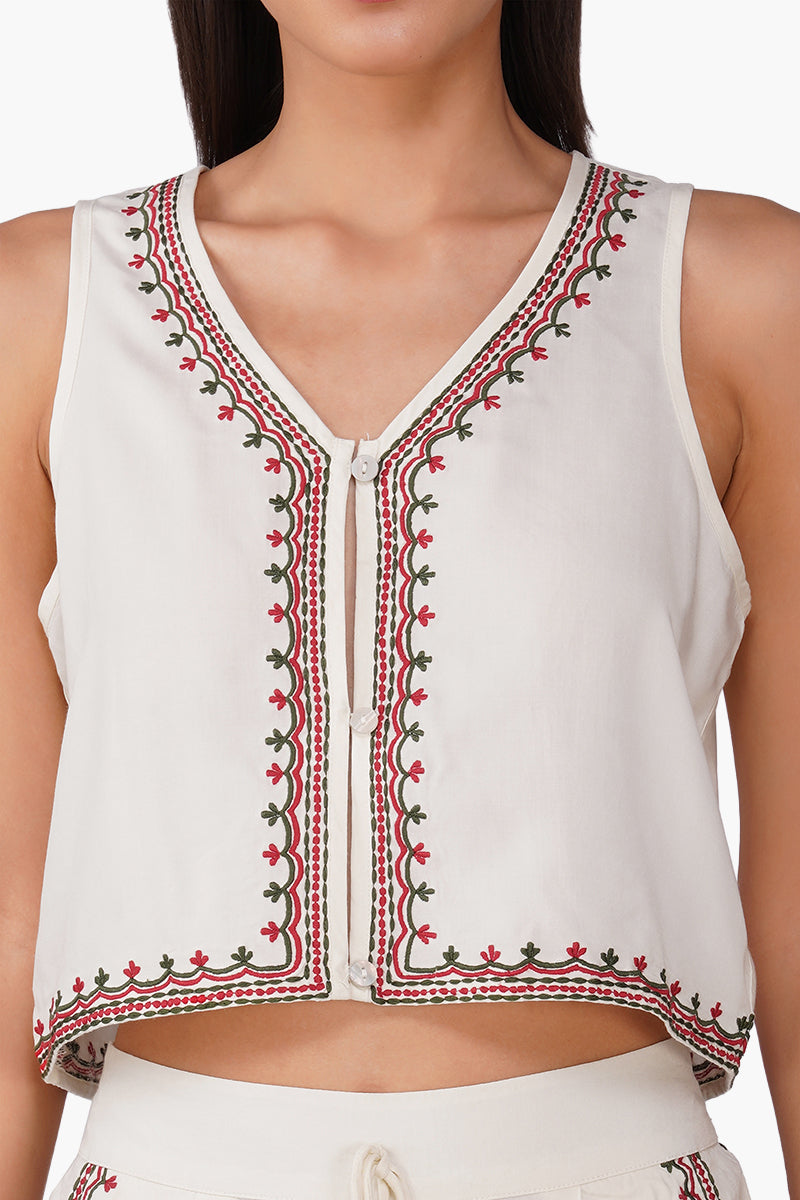 Beige Rose Bloom Embroidered Top