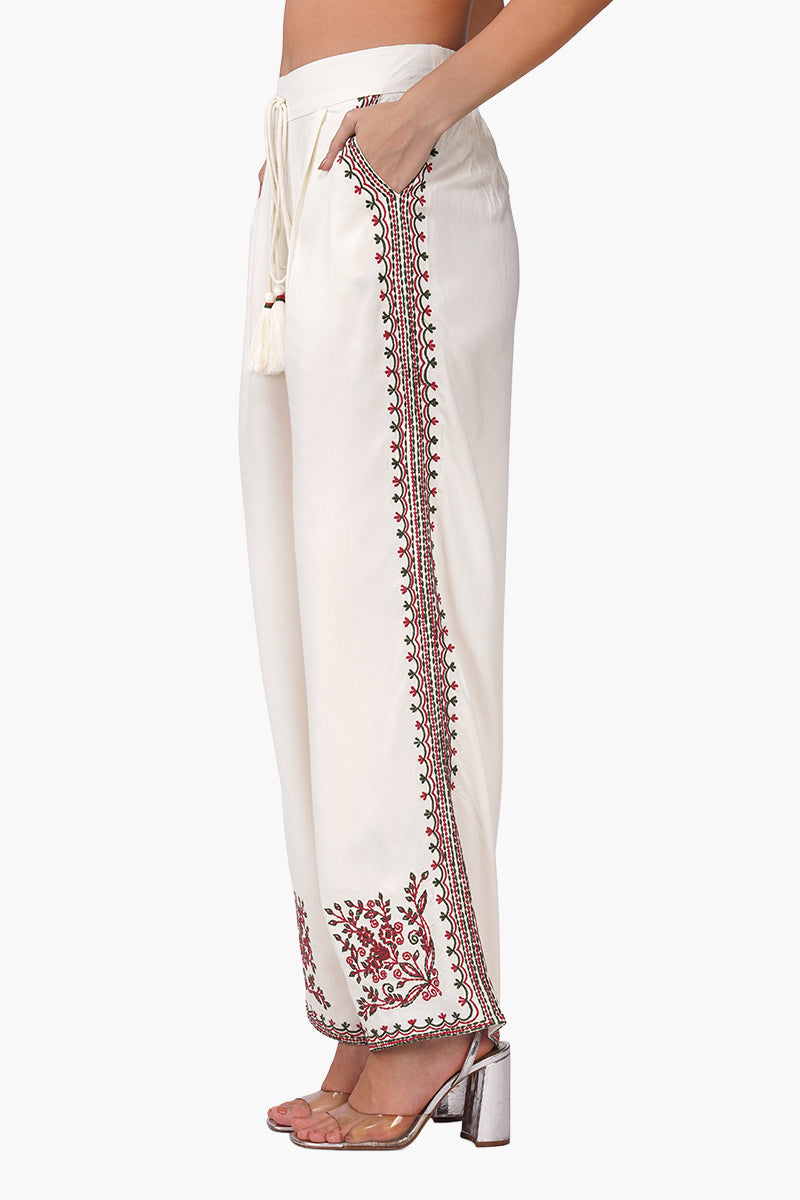 Beige Rose Bloom Embroidered Pants