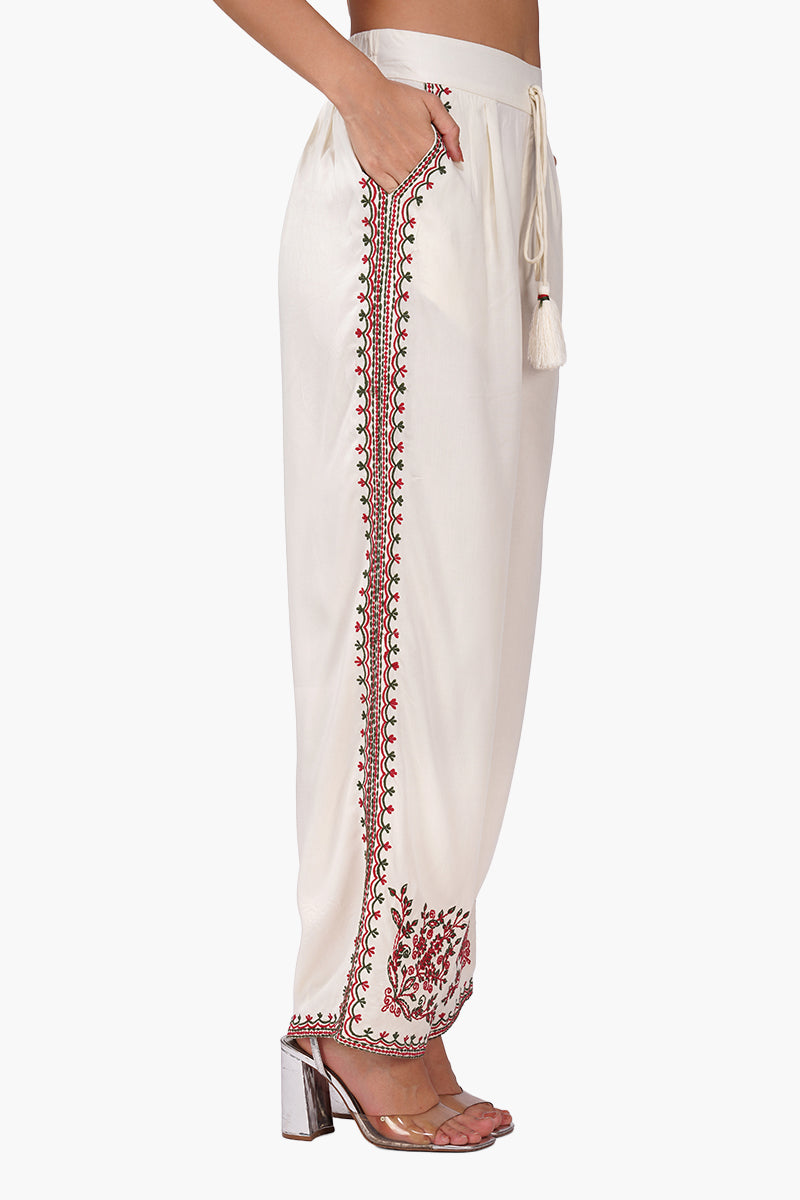 Beige Rose Bloom Embroidered Pants