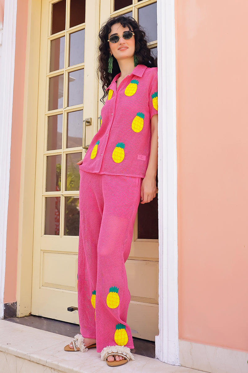 Pink Zest Embroidered Crochet Pants