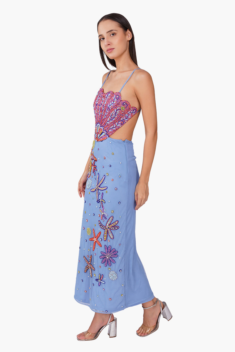 Multi Shell Prism Embellished Long Dress