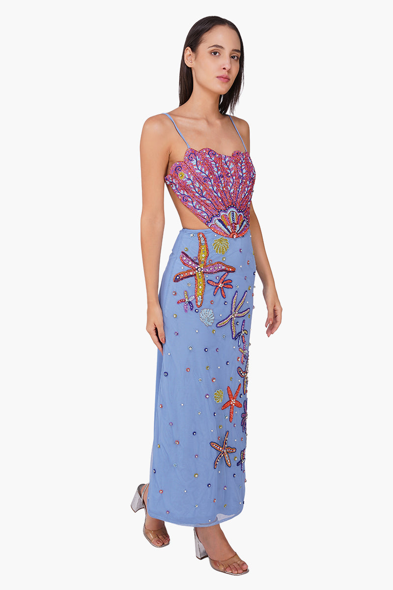 Multi Shell Prism Embellished Long Dress