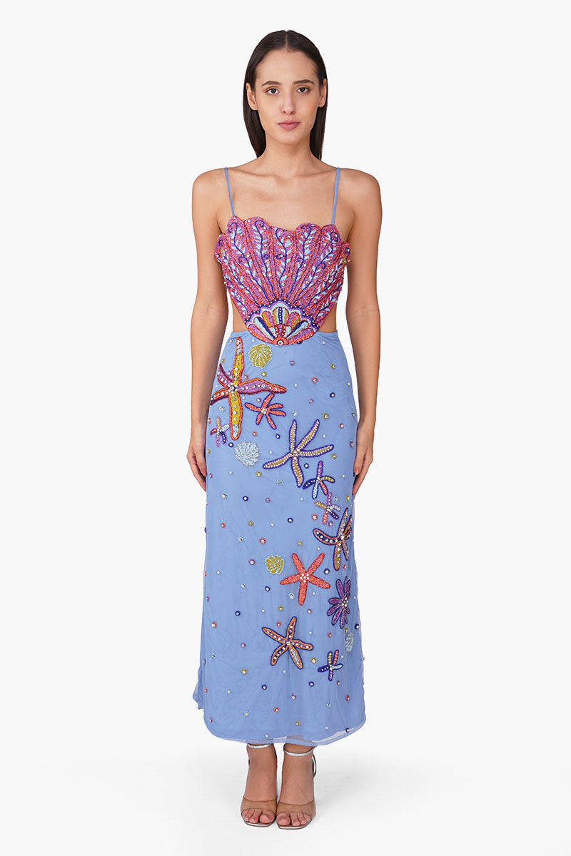Multi Shell Prism Embellished Long Dress