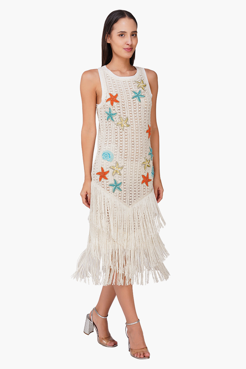 Coastel Patch Crochet Embellished Fringes Cover Up