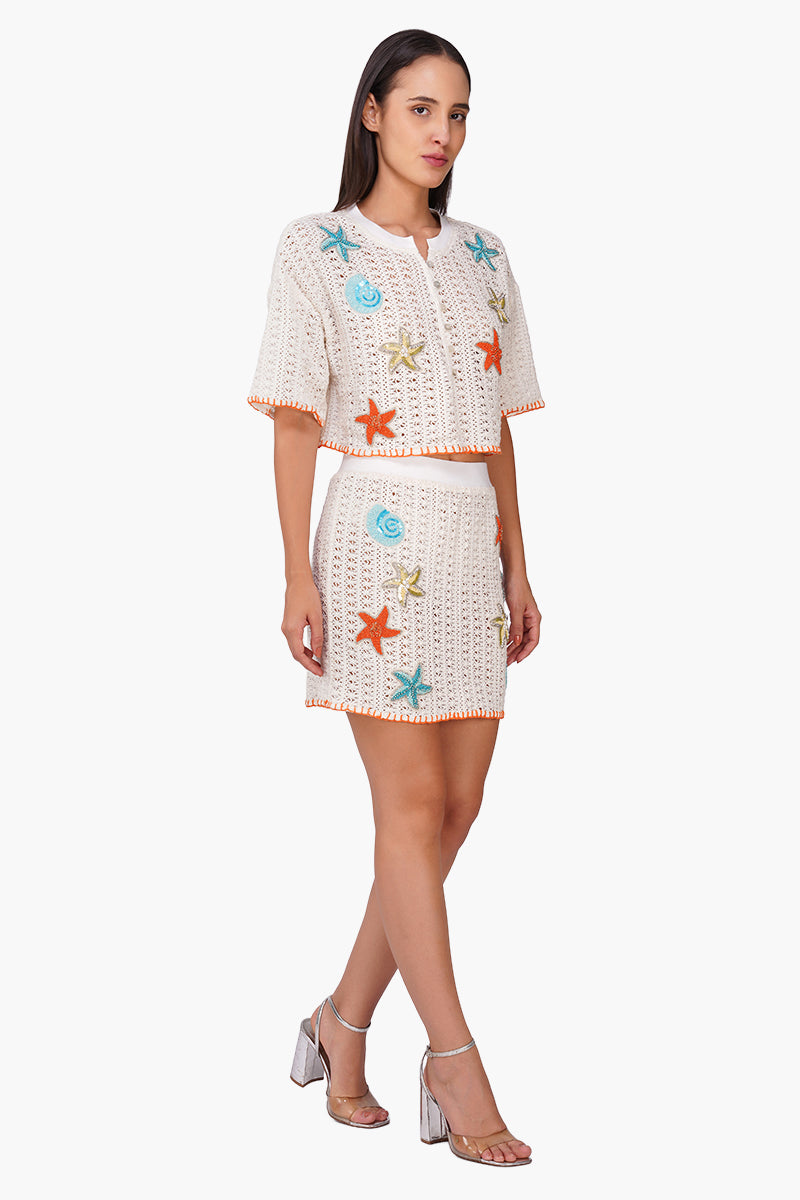 Coastel Patch Crochet Embellished Crop Oversized Shirt