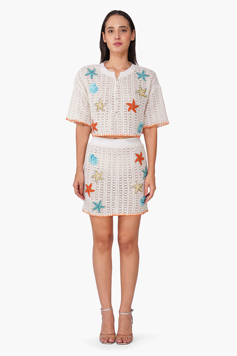 Coastel Patch Crochet Embellished Crop Oversized Shirt