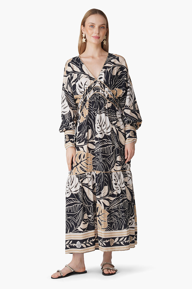 Monochrome Botanical Printed Maxi Dress