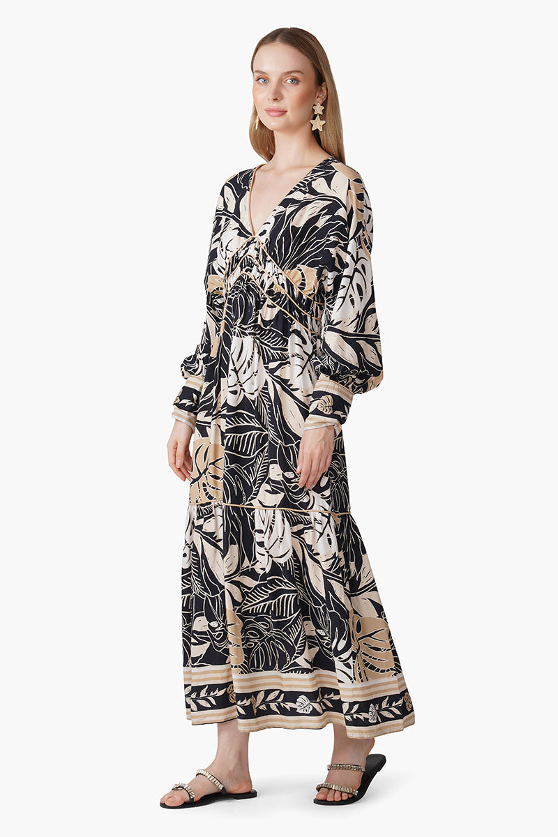 Monochrome Botanical Printed Maxi Dress
