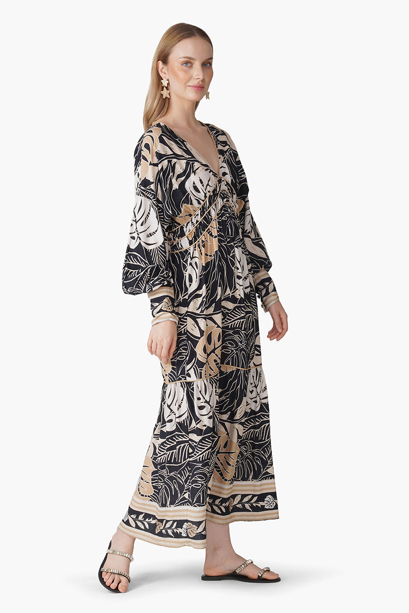 Monochrome Botanical Printed Maxi Dress