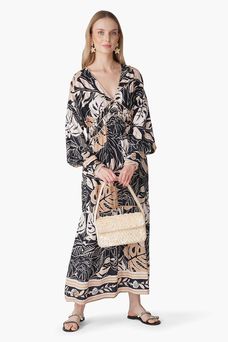 Monochrome Botanical Printed Maxi Dress