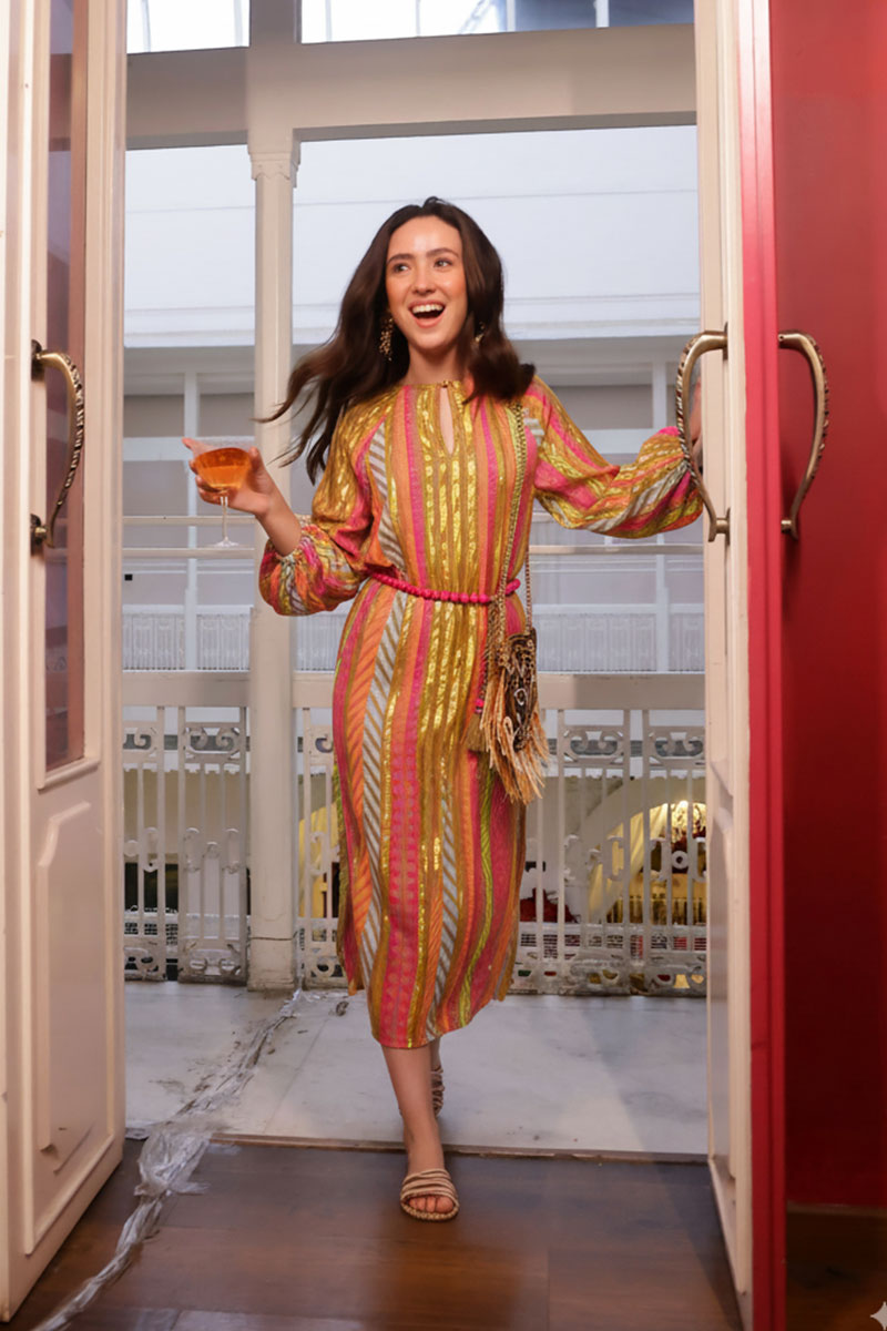 Multi Artistan Yarn Dyed Slip on Dress with Belt