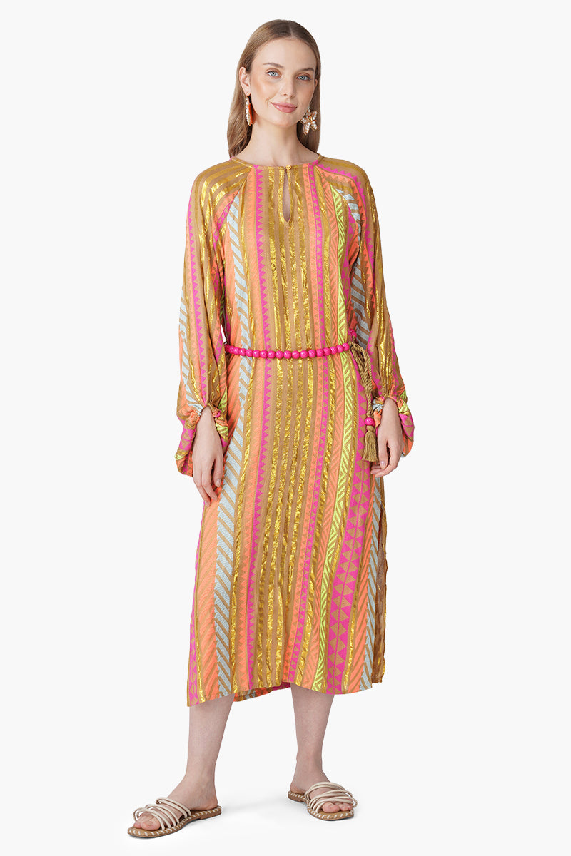 Multi Artistan Yarn Dyed Slip on Dress with Belt