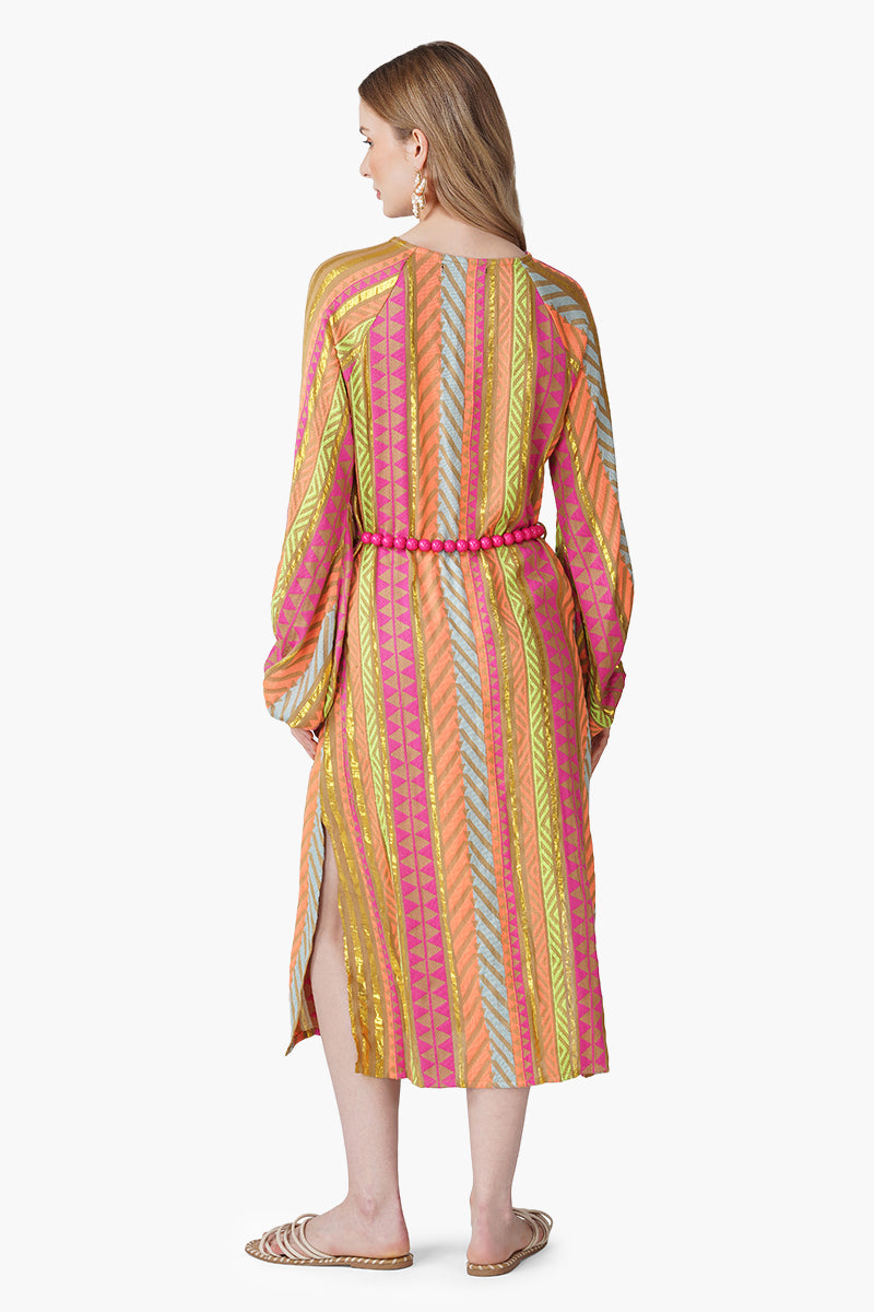 Multi Artistan Yarn Dyed Slip on Dress with Belt
